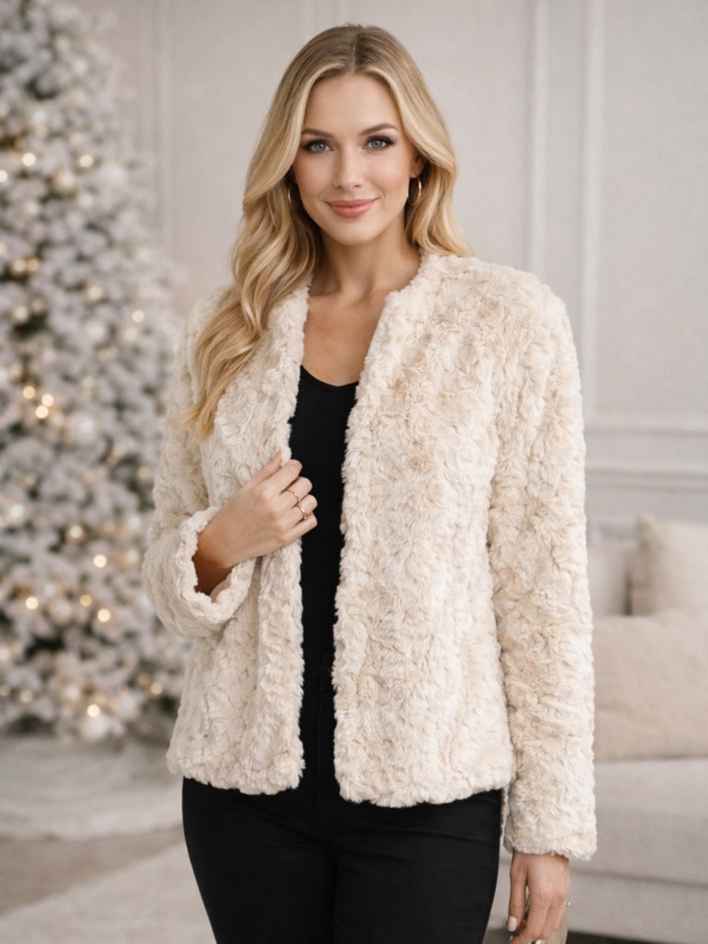 Lauren Conrad Faux Fur Coat Jacket NWT Size Large Ivory Cream Plush Soft